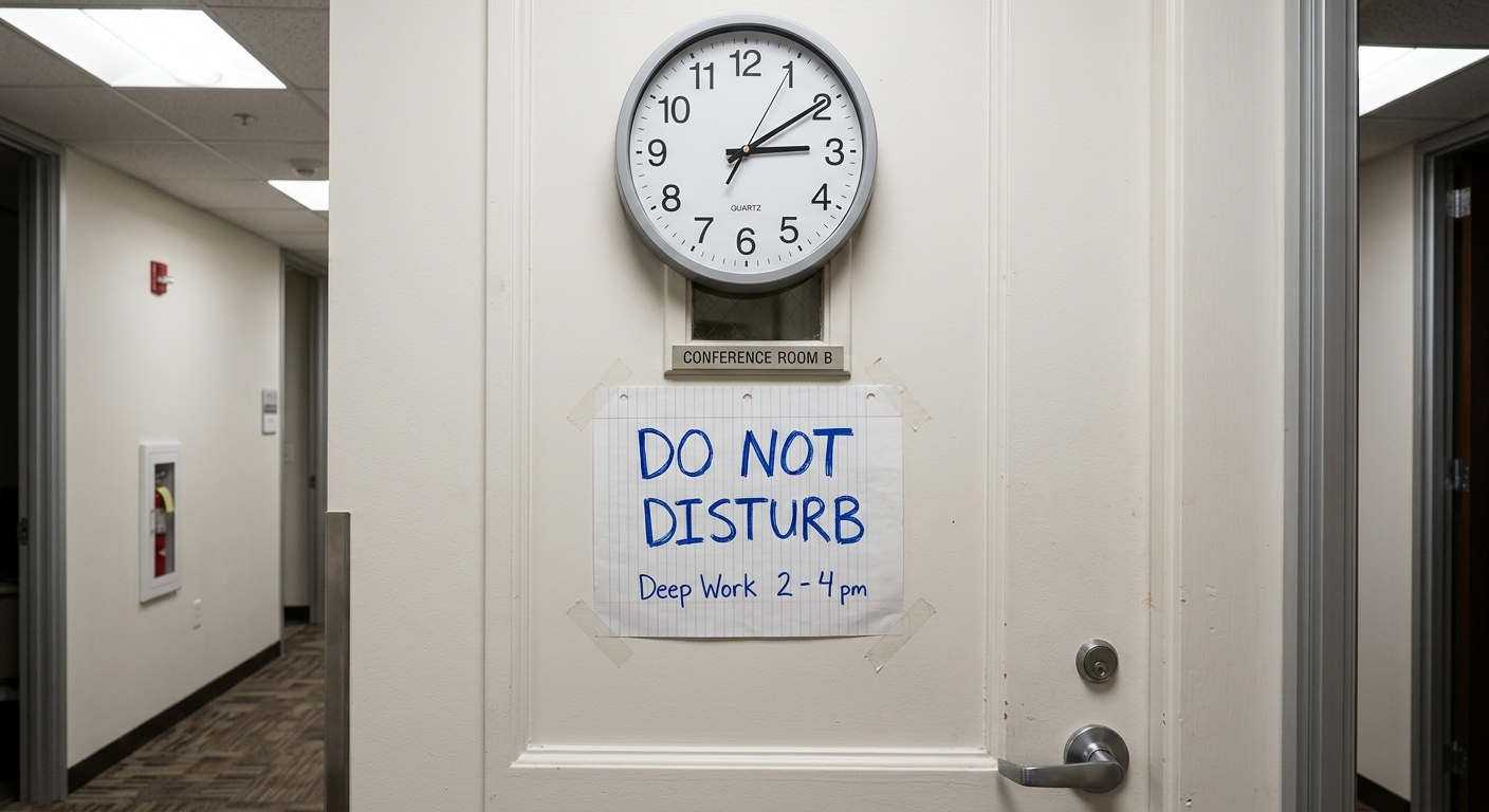 A handwritten Do Not Disturb sign indicating a deep work block from 2 to 4 PM is taped to a closed office door beneath a wall clock showing the time during the session