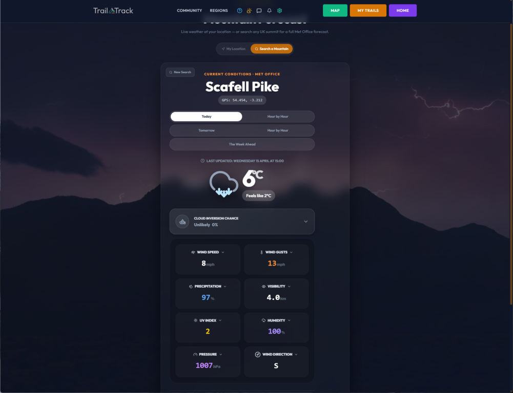 An image showing the weather forecaster for Scarfell Pike on the TrailTrack UK website also shows cloud inversions and temperature.