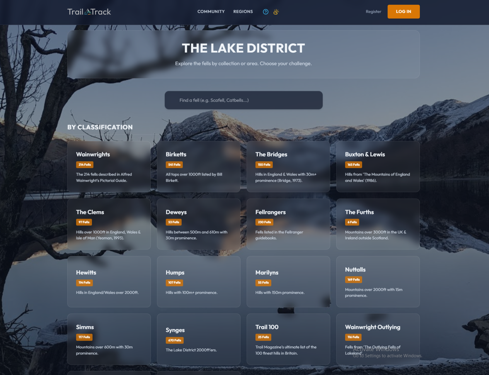 The Lake District Home Page of TrailTrack showing all the different classifications such as Wainwrights and Birketts