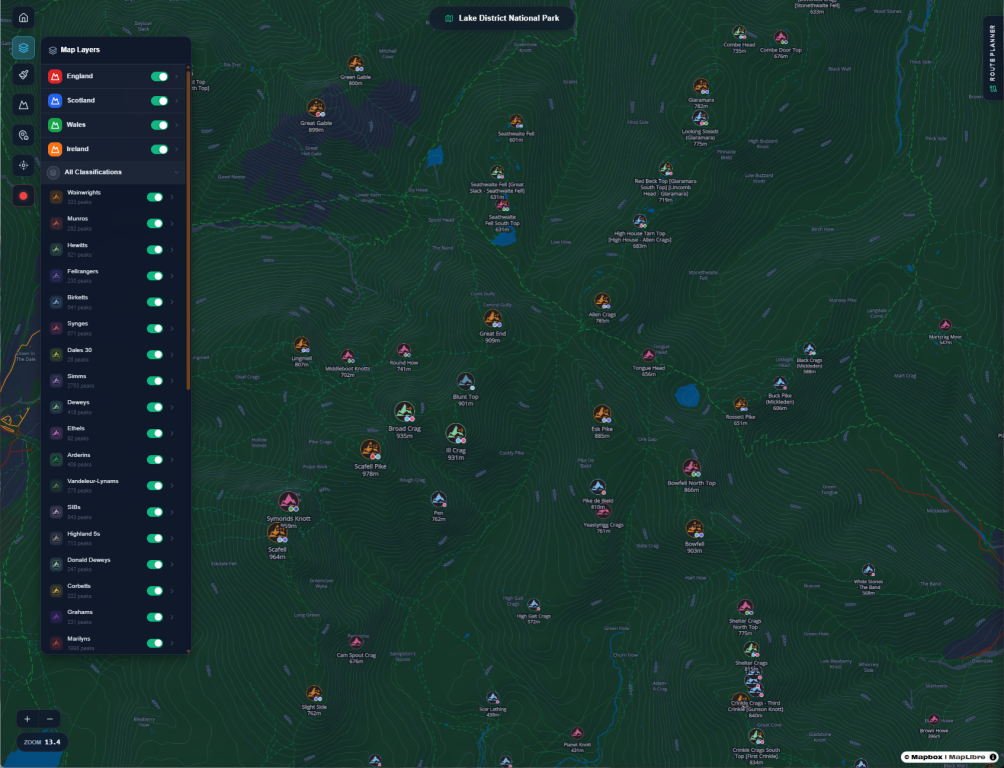 A picture showing all the hills in a various location of the Lake District on the TrailTrack map.