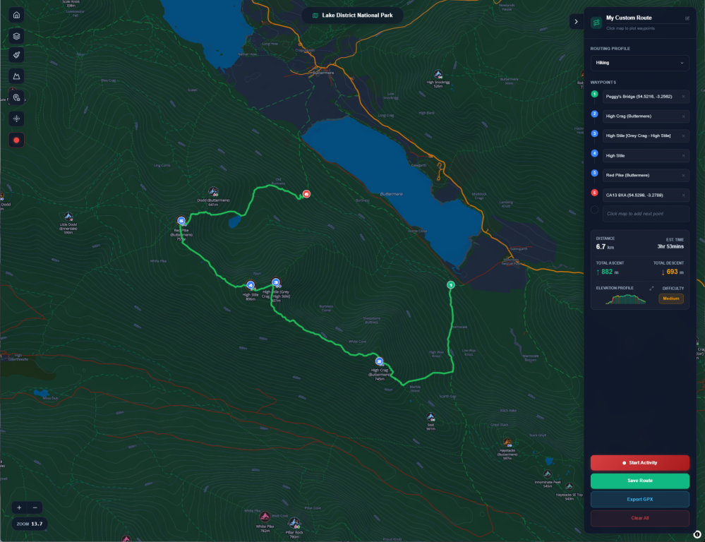 A picture showing route planning on TrailTrack UK - this shows the land is green, the water is blue, and shows all the routes and locations on the walk. 