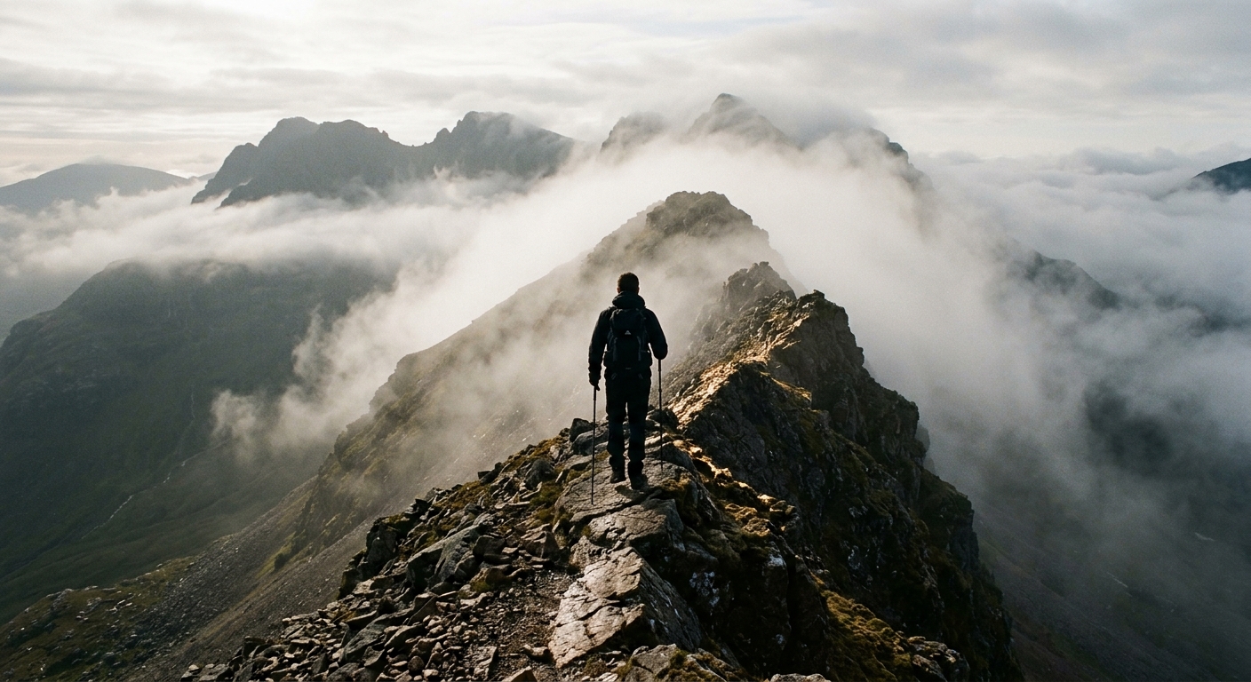 A walker with trekking poles stands on a narrow, rocky ridge in the Torridon hills, looking ahead along the exposed spine towards mist-covered peaks