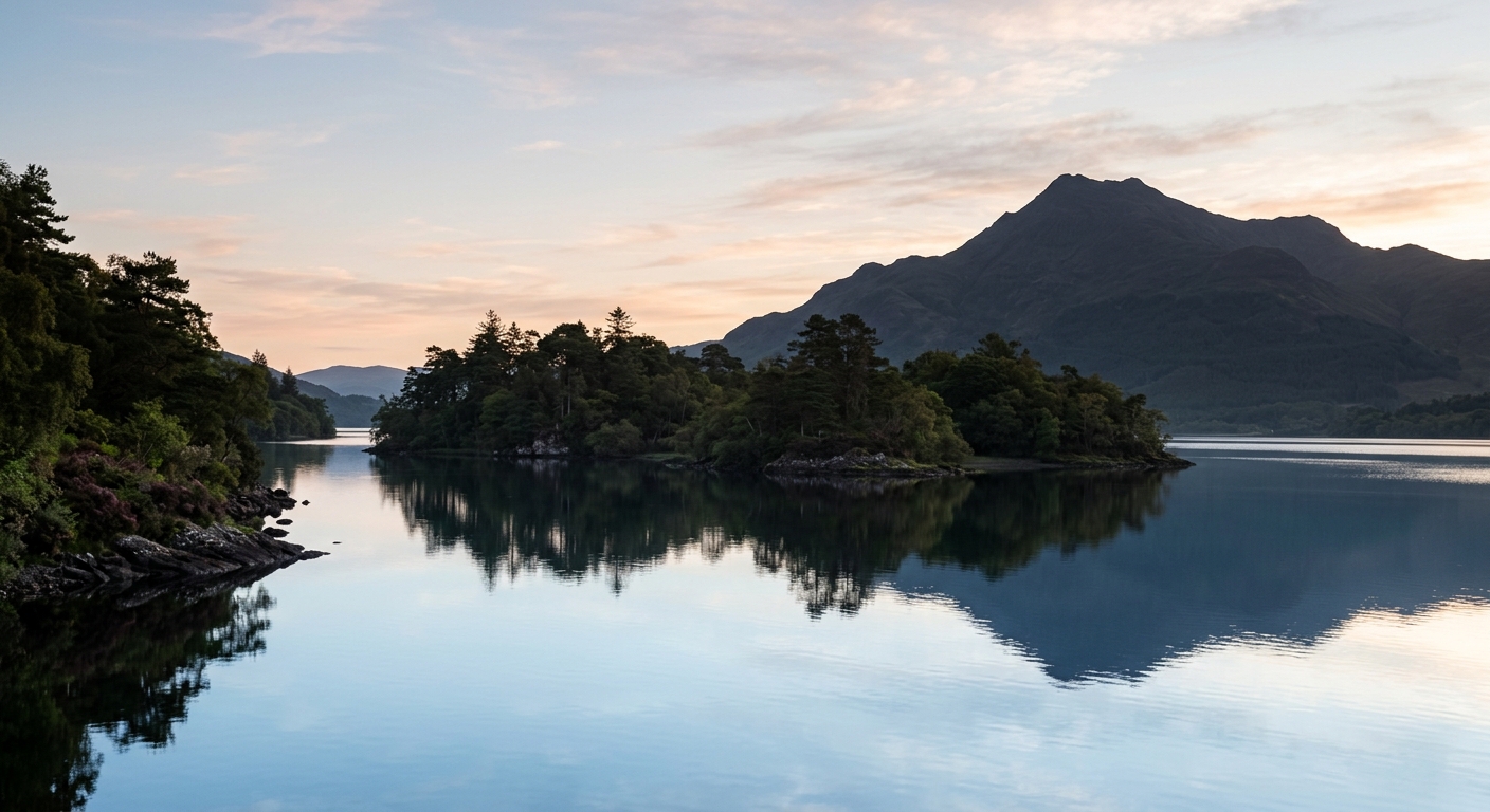 Loch Lomond’s still water reflecting wooded islands and the dark silhouette of Ben Lomond rising behind them