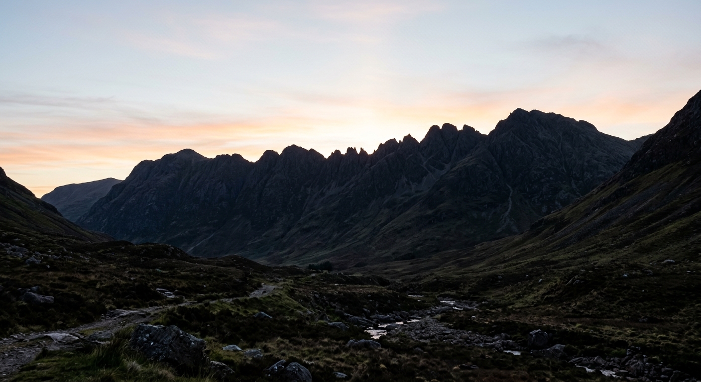 The jagged silhouette of the Aonach Eagach ridge viewed from the Glen Coe valley floor, showing the full, unbroken line of pinnacles