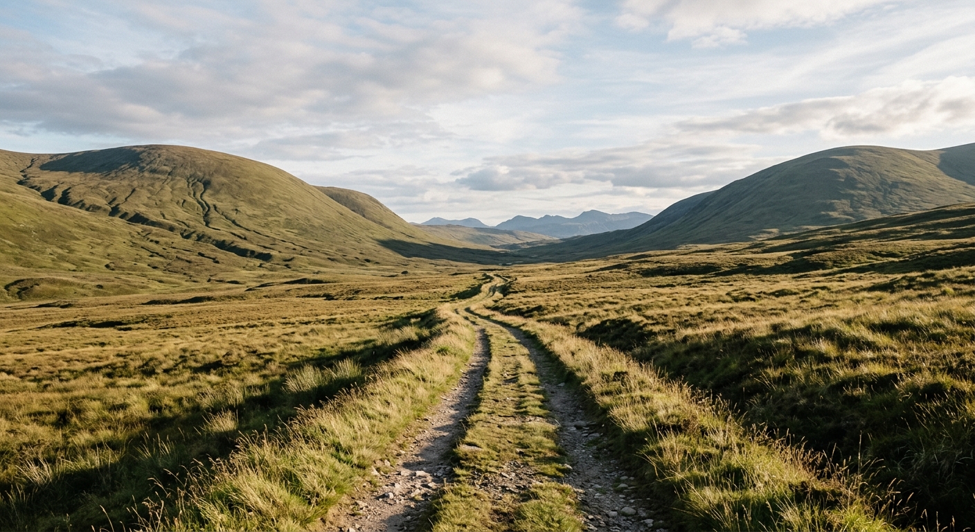 A narrow drove road winds through empty grassland between smooth, rolling hills in the Southern Uplands