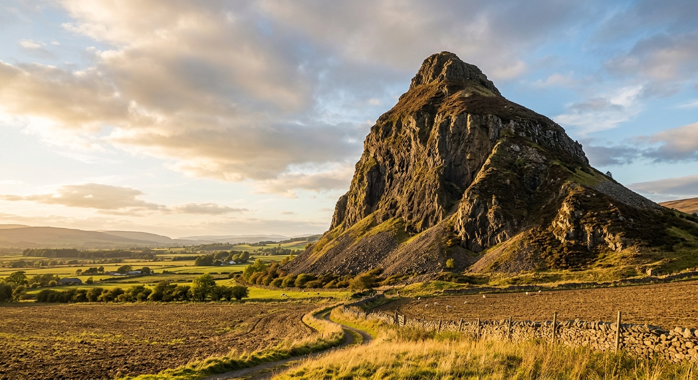 The volcanic plug of Dumgoyne rising sharply above drystone walls and farmland at the edge of the Campsies