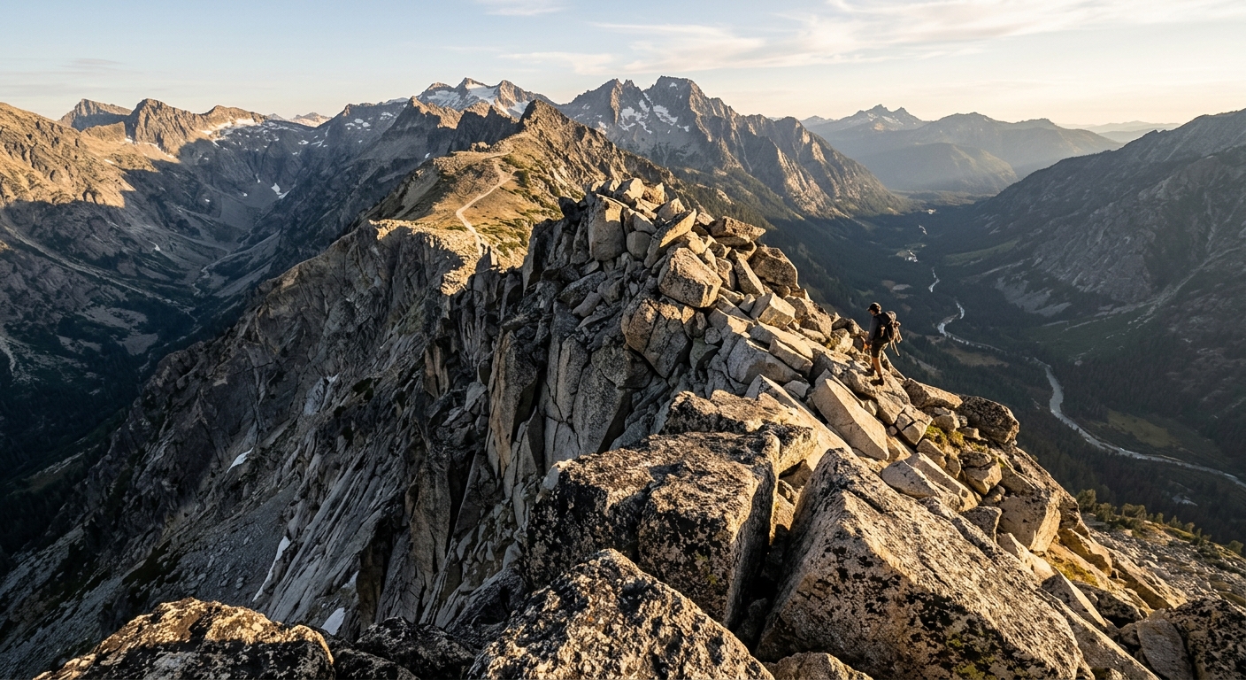 A walker traversing a narrow, exposed granite ridge covered with angular boulders above sheer drops and rugged mountain peaks
