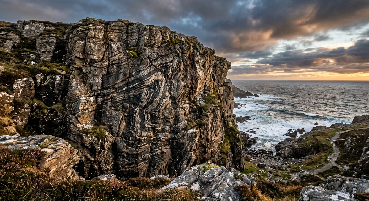 A rugged coastal cliff of banded Lewisian Gneiss rock overlooking a footpath by the Atlantic Ocean
