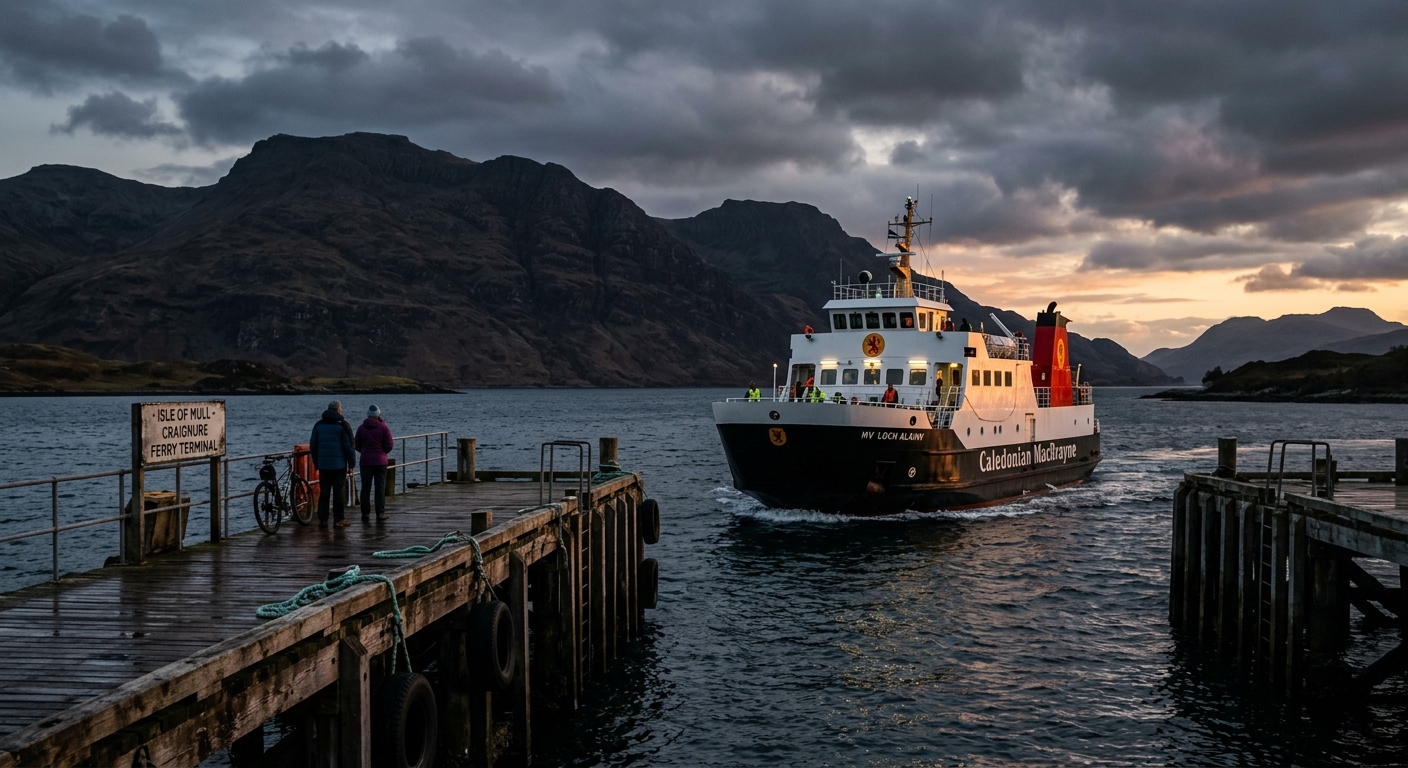 A CalMac ferry approaches a wooden pier where two people and a bicycle wait to board, with steep island mountains rising across the water behind it