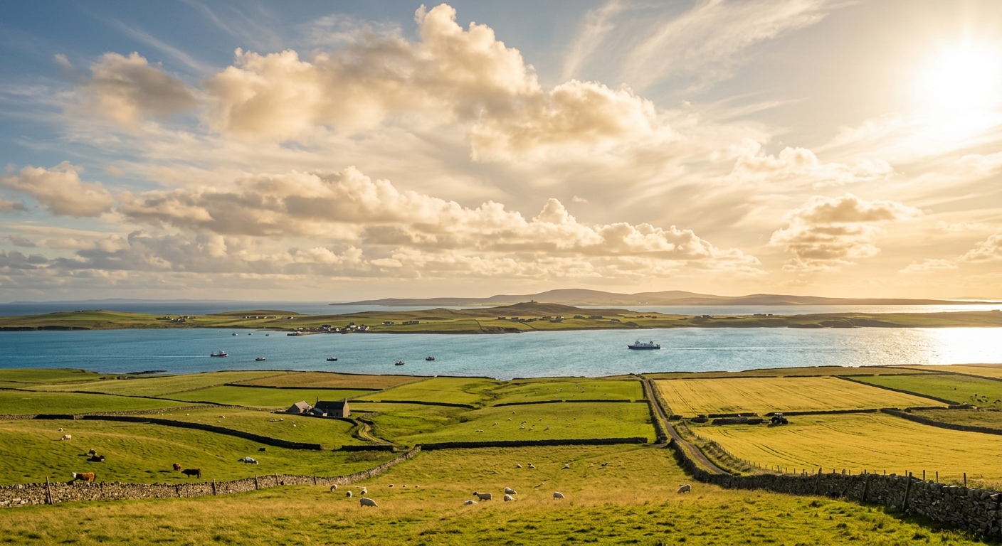 Rolling Orkney farmland divided by drystone walls, looking across a sea sound with a small ferry towards low-lying neighbouring islands and distant hills