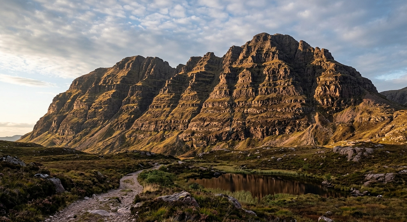 A steep Torridonian sandstone mountain rises in distinct horizontal rock shelves above a rough walking track and a small moorland lochan