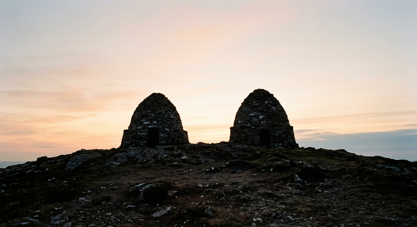 The two stone beehive cairns marking the bare, rocky summit of Drygarn Fawr in the Cambrian Mountains