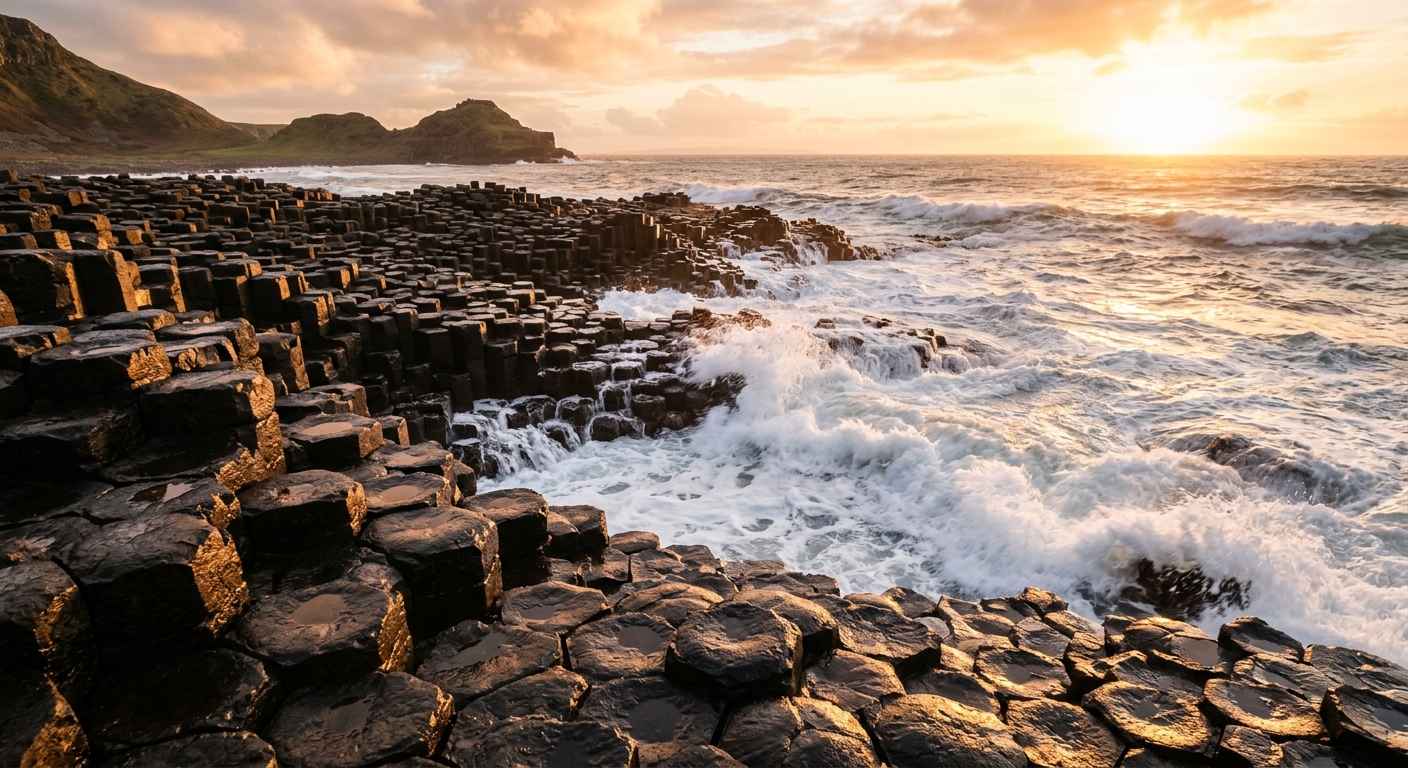 Interlocking basalt columns at the Giant’s Causeway stepping down into churning Atlantic surf along the Antrim coast