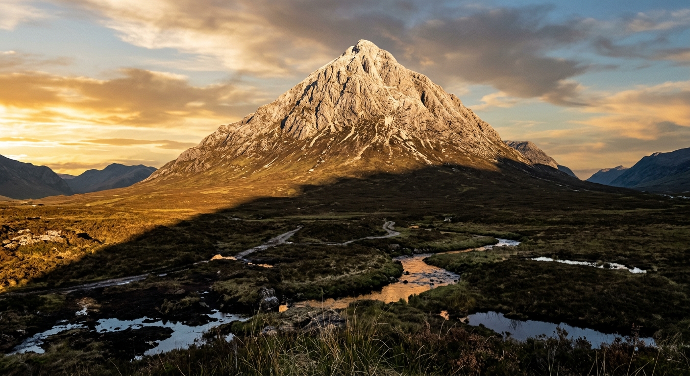 A steep, pyramid-shaped quartzite mountain rising above dark, boggy moorland cut through with small streams and peat pools
