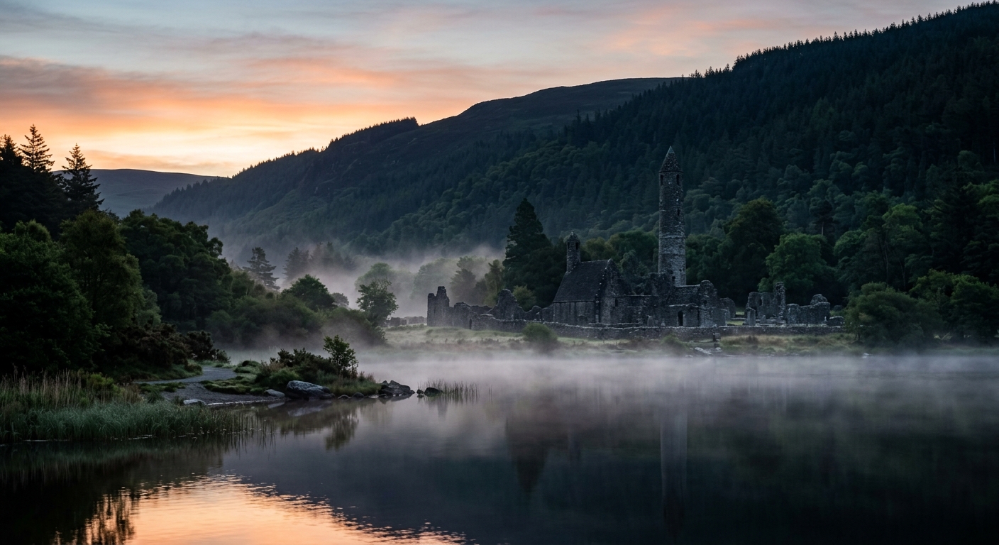 The stone round tower and ruined monastic settlement of Glendalough, viewed across the misty lower lake with steep forested slopes rising behind
