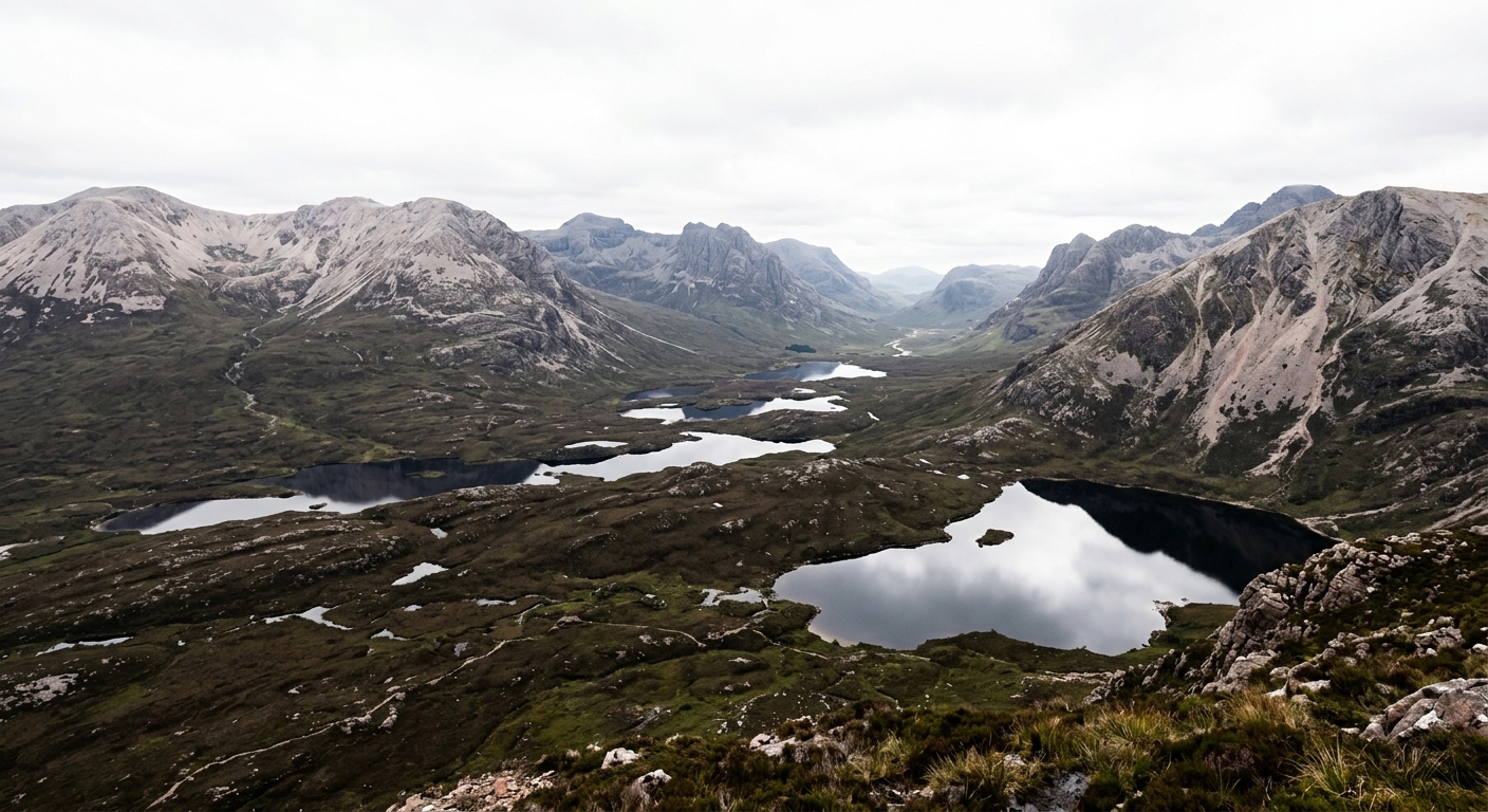 Pale quartzite ridges overlooking a deep glacial valley with scattered dark loughs and blanket bog in the Derryveagh Mountains