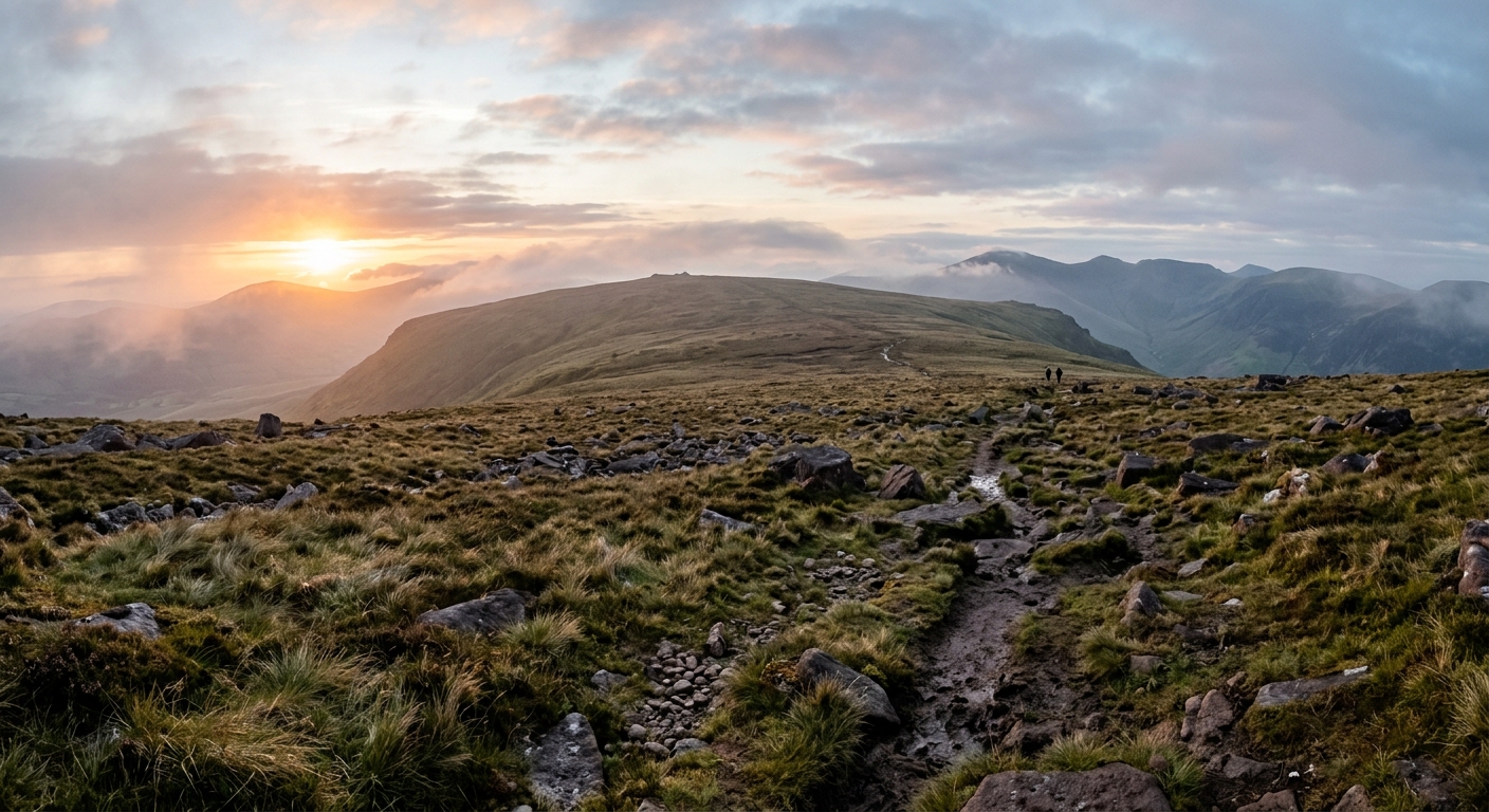 The broad, stony summit plateau of Galtymore, showing a rough path stretching along the grassy ridge toward neighbouring mountain peaks