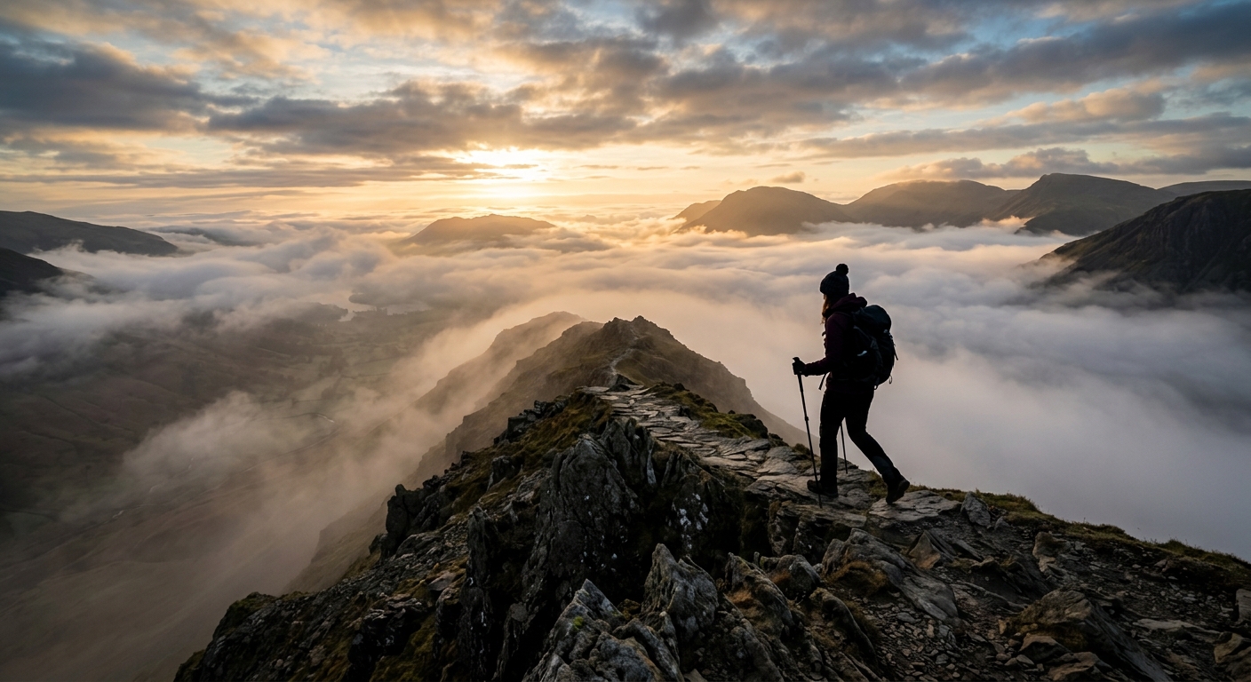 A lone walker navigating a narrow, rocky ridge path in the Lake District above mist-filled valleys