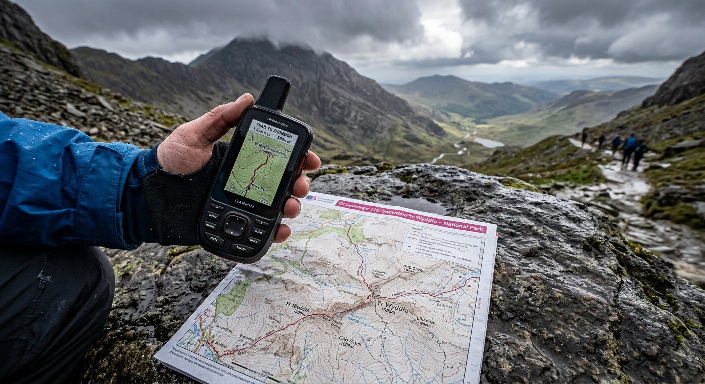 A hand holding a GPS device alongside a paper map of Yr Wyddfa laid across a rock overlooking a mountainous Welsh valley