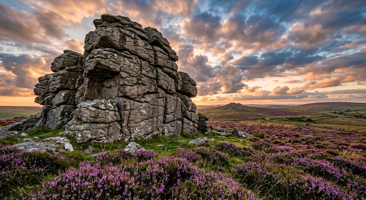 A weathered granite tor rising from open Dartmoor moorland covered in purple heather